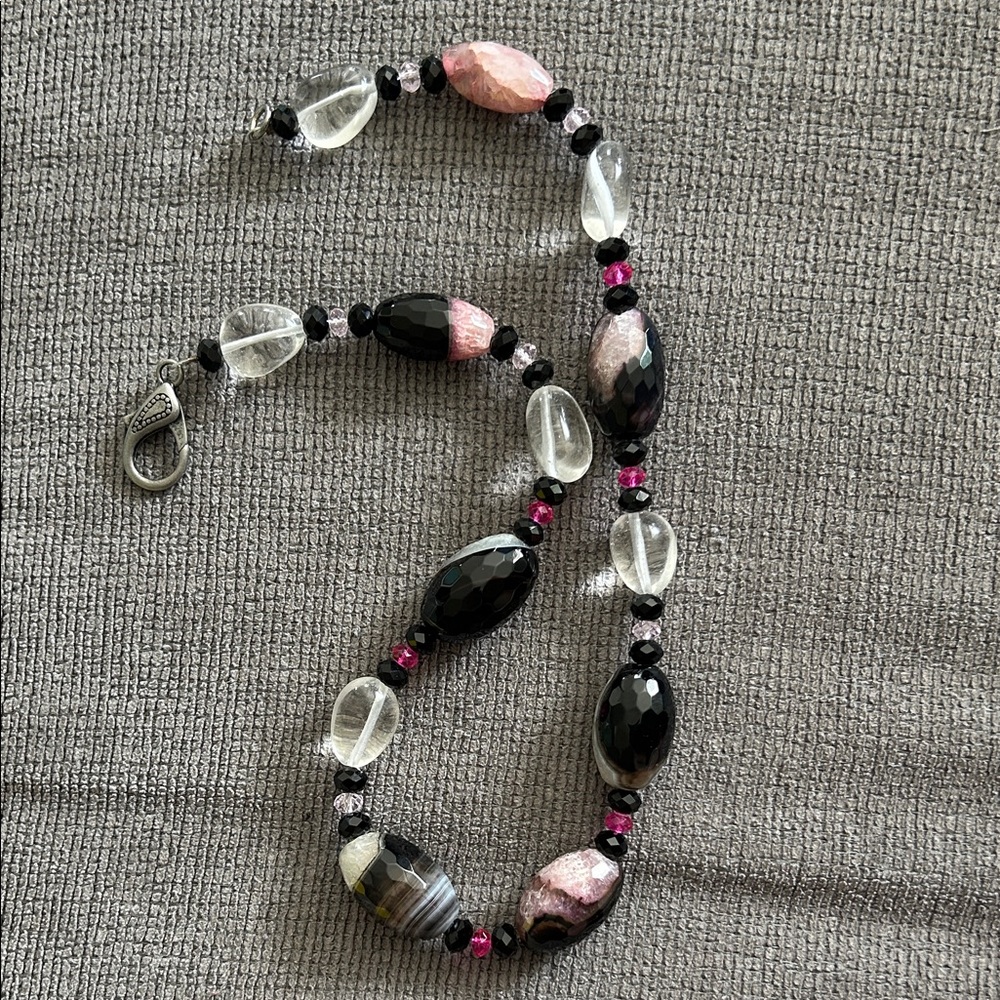 Chunky Pink and Black Beaded Agate and Quartz Necklace with Glass Beads